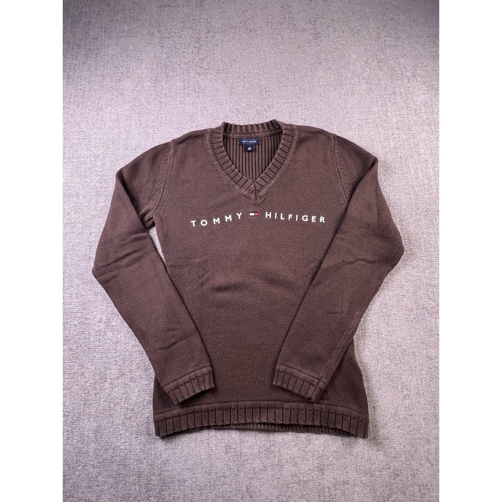 Vtg Tommy Hilfiger Cable Knit Sweater Women's S Brown V Neck Y2K Embroidered